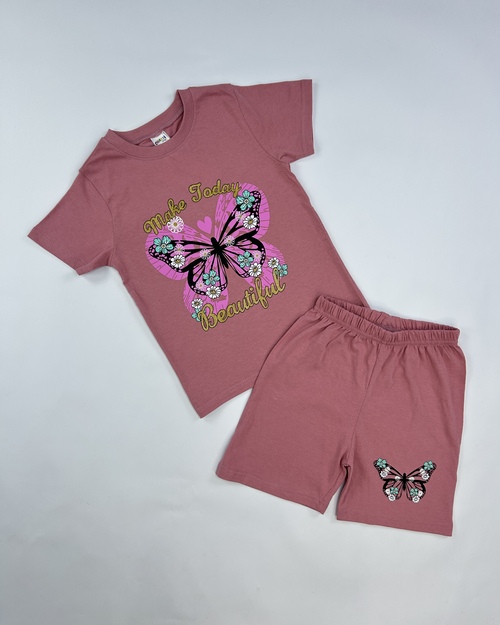 Костюм (футболка+шорты) Бабочка арт.251020 CHASTE дев. 5-8 (пудровый)