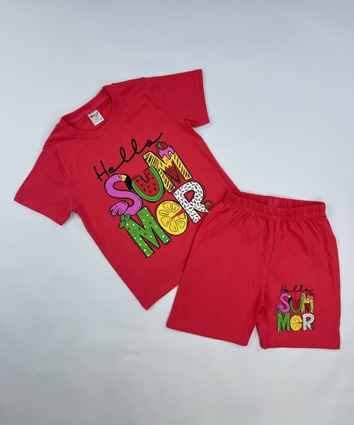 Костюм (футболка+шорты) Hello арт.251022 CHASTE дев. 5-8 (коралловый)