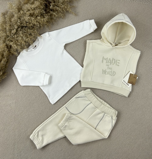 Костюм (жилетка+штаны+лонгслив) Made in the начёс арт.5310 Bebico kids мал.дев. 6-24(кремовый/белый)