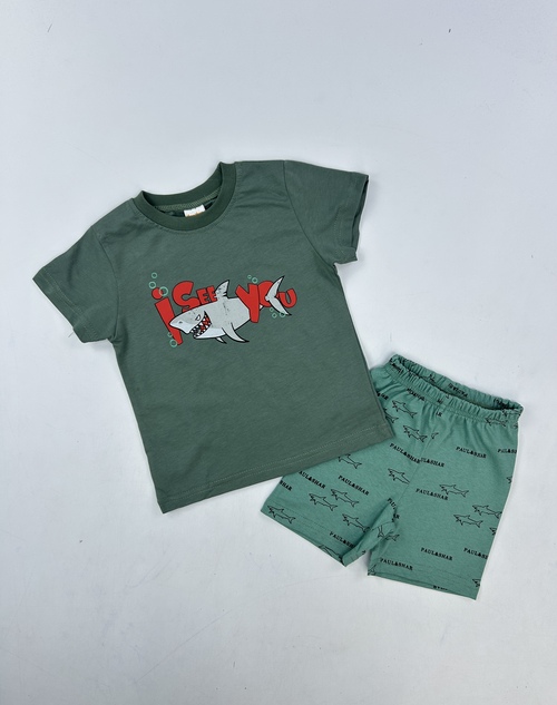 Костюм (футболка-шорты) Shark арт.250120 CITCIT kids мал. 2-5 (хаки/изумрудный)