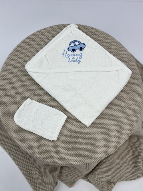Полотенце-уголок с варежкой Car арт.239093 Gulunce мал. (молочный/голубой)