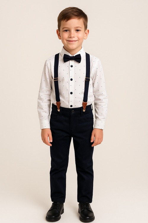 Костюм (рубашка+брюки+бабочка+подтяжка) арт.726 Lorio kids мал. 5-8 (белый/темно-синий)