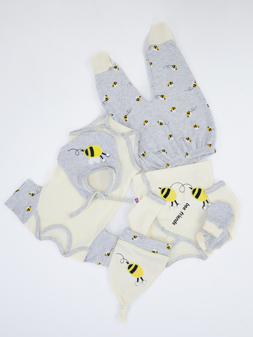 Набор (Кофта+ползунки+боди+слюнявчик+чепчик+царапка) Пчелка арт.041 Jijino мал/дев. 0-3м (св.желтый)