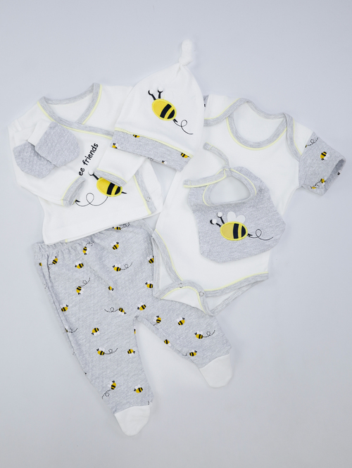 Набор (Кофта+ползунки+боди+слюнявчик+чепчик+царапка) Пчелка арт.041 Jijino мал/дев. 0-3м (белый)
