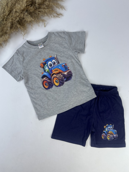 Костюм (футболка+шорты) Трактор арт.251067 CHASTE мал. 1-4 (серый/темно-синий)