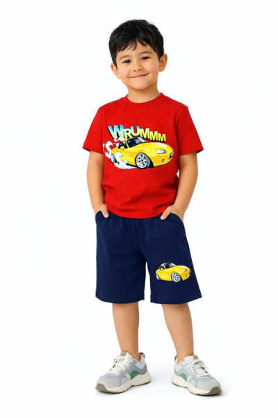 Костюм (футболка+шорты) Vrummm арт.251002 CHASTE мал. 5-8 (красный/темно-синий)