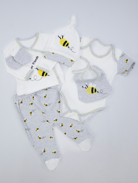 Набор (Кофта+ползунки+боди+слюнявчик+чепчик+царапка) Пчелка арт.041 Jijino мал/дев. 0-3м (белый)