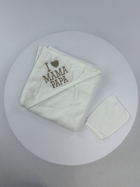 Полотенце-уголок с варежкой I love Mama Papa арт.539639 Gulunce уни. (молочный/золотой)